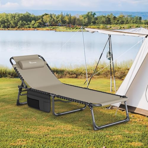 YITAHOME Sonnenliege Klappbar 190x60x31cm, Campingliege mit 4 Einstellbaren Positionen, Sonnenliegen mit Abnehmbarem Kopfteil & Seitentasche, Belastbarkeit bis 300lbs für Garten, Pool, Camping, Khaki