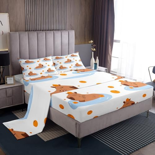 Capybara Bed Sheets Set Kawaii Sheet Set Wild Animals Flat Fitted Sheet Full,Cartoon Beaver Wildlife Lovely Pet Toddler Bed Set for Kids Child Boys Girls,Rodents Murine Animal Bedroom Decor