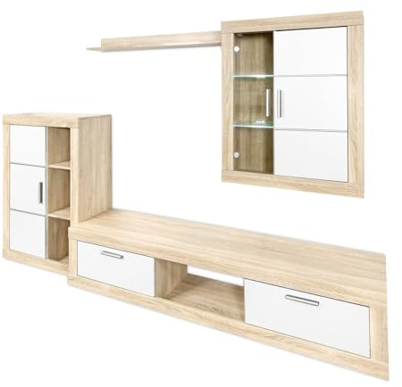 mattfy - Mueble de Salón Moderno con Leds, Módulos de Comedor, Modelo Gitta, Acabado en Blanco y Cambria, Medidas: 259 cm (Ancho) x 132,5 cm (Alto) 40 cm (Fondo)