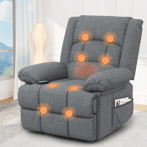 Srfzluxy Recliner Armchair Recliners with Massage & Heat, Padded Armrest & Cushion Extended Footrest, Manual Adjustable Single Sofa with Dual Side Pockets, Reclining Chairs Living Room Sofa Chair