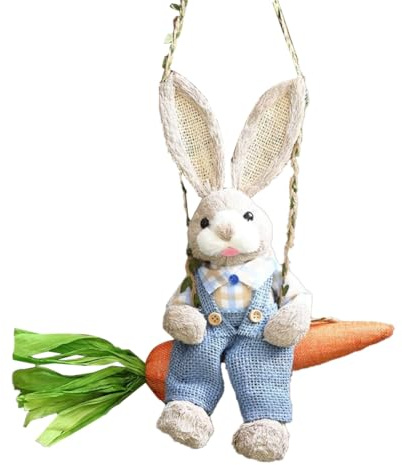 berjalan Figura de conejo de paja de Pascua, paja en columpio de zanahoria, adorno colgante para decoración del hogar de Pascua