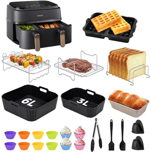 Silikonform Heißluftfritteuse Zubehör für Philips Airfryer Dual Basket 3000/5000 Serie, Airfryer Zubehör enthält Silikonform, Waffeleisen, Grillrost, Brotbackformen für Philips NA350, usw 23 Stück