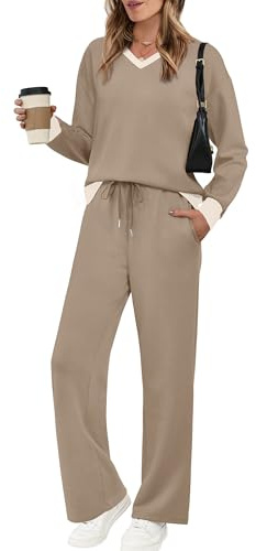 Early Fall Fashion Must Haves Winter Clothing for Women Fall Clothes Fashion Clothing Womens Tops Tracksuits Travel Spring Airport Outfits 2026 Wide Leg Sweatpants 2 Piece Lounge Sets Khaki M