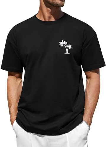 TOMEEK T-Shirt Homme Oversize À Manches Courtes Tee Shirt Homme 100% Coton Été Tee-Shirt Col Rond Cocotier Imprimé Lâches Hauts Sport Blouse(Noir,XXL)