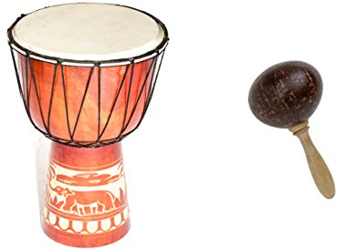 Große 50cm Djembe Holz Trommel Bongo Ziegenfell Elefant Holz + Kokos Rassel Maraca R2