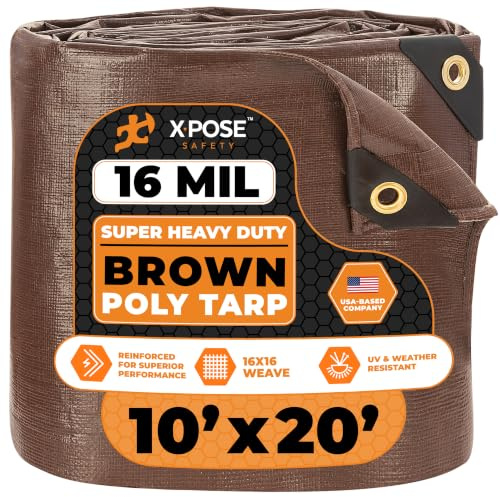 10' x 20' Super Heavy Duty 16 Mil Brown Poly Tarp Cover - Thick Waterproof, UV Resistant, Rip and Tear Proof Tarpaulin with Grommets and Reinforced Edges - by Xpose Safety