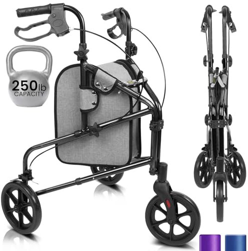 Vive Mobility 3 ruote Rollator Walker – leggero e pieghevole per anziani, anziani, uomini, donne – pieghevole e resistente con tre ruote per uso interno ed esterno (nero)