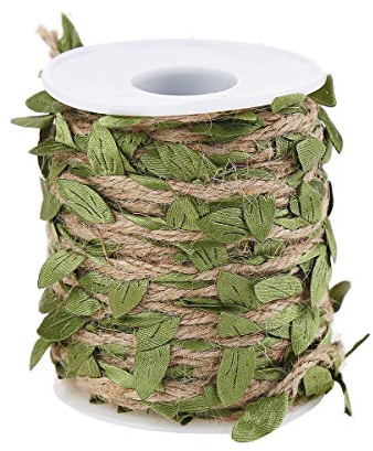 Natural Jute Twine, Creative Burlap Leaf Ribbon 5MM with Artificial Green Leaves, Perfect Braided Decorated Vine for Art & Crafting Home Packing Decoration and Any Party Decoration