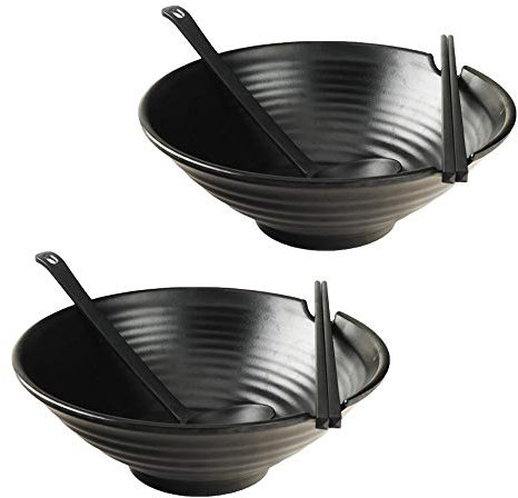 Lot de 2 bols à ramen noirs en mélamine de style japonais avec baguettes, louches, cuillères et grand bol pour nouilles, ramen, plats asiatiques 6 pièces