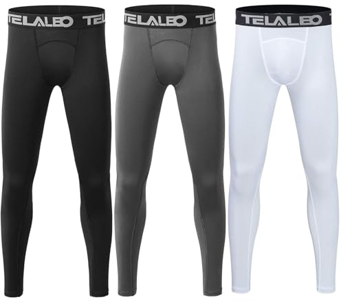 TELALEO 3 Pack Boys' Youth Compression Leggings Tights Base Layer Athletic Pants for Sports Basketball Hockey Baseball Running Black Grey White 3 Pack L