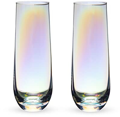 Twine Luster Stemless Champagne Flutes, Iridescent Rainbow Finish, Sparkling Wine Glasses for Prosecco, Sparkling Cocktails, Mimosas, Elegant Glassware for Wedding Gifts, Home Bar, 10 oz, Set of 2