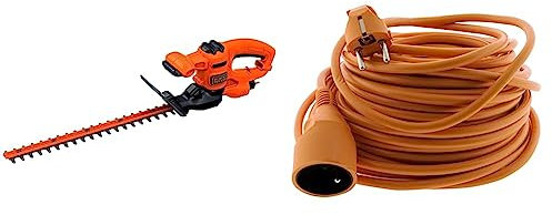 BLACK+DECKER Taille-Haies Filaire 420 W, Taille-Haies Electrique 45 cm avec 2 Poignées et Garde, Lame Asymétrique, Ecartement 16 mm, Robuste et Léger, BEHT201-QS & Zenitech Prolongateur, Orange, 25 m