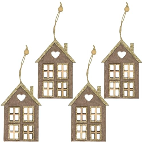 MIJOMA Juego de 4 colgantes de fieltro navideño, bonito como decoración para árbol de Navidad, para arreglo de Adviento, fieltro decorado con elementos de madera y purpurina, lazo para colgar (casa 4