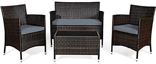 Goplus 4-Piece Rattan Patio Set, Outdoor/Indoor Wicker Conversation Set for Pool, Backyard, Lawn, Wicker Chairs and Sofa with Soft Cushion, Rattan Furniture with Tempered Glass Coffee Table