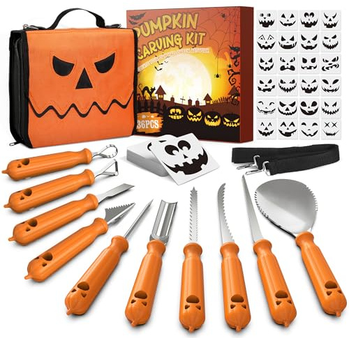 imarku Pumpkin Carving Kit, 36PCS Pumpkin Carving Tools, Professional Pumpkin Carving Knife Set with Stencils & Bag for Beginners, Sharp Pumpkin Carving Gift for Halloween Decoration Jack-O-Lanterns