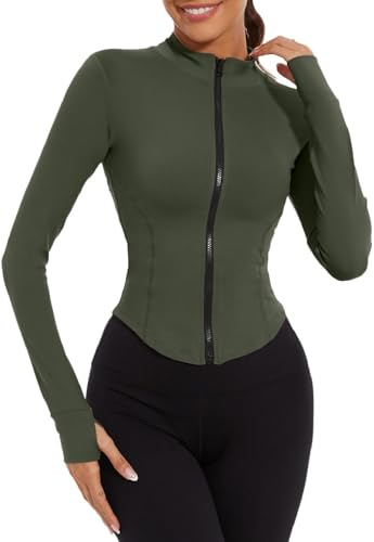 Joligiao Veste de Sport Femme Manche Longue Veste de Yoga Respirante Veste de Course Running Léger avec Fermeture éclair Séchage Rapide T-Shirts de Sport Pour Fitness Running Yoga(Vert foncé,S)