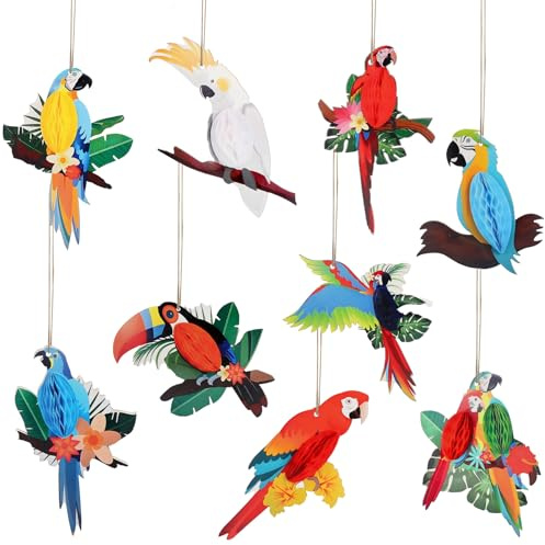 APOMOONS 9 PCS Decoración de Pájaro Tropical,Decoracións de Fiesta Loro,Decoración Selva Pájaros,Decoracións Colgante Loro,para Tropical de Verano,Hawaii,Jungla,Fiesta en el Jardin