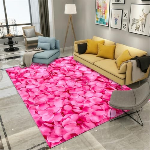 RUGMRZ Teppich Hell 160X230Cm Spiel Mädchen Rosa Waschbarer Läufer Flur rutschfest Flickenteppich Waschbarwohnzimmer Schlafzimmer Warmes Blumenmuster