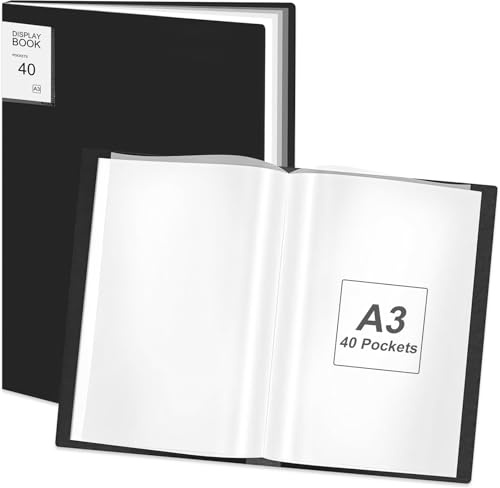 A3 Porte-Vues avec 40 Pochettes Plastique Transparentes, Livre Rangement Présentation,Protège-Documents, Protecteurs Portfolio, Affichage Classeur pour œuvres Art,Peinture,Lettre,Feuille Rapport(Noir)