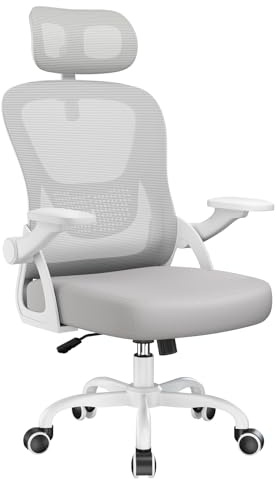 rattantree Silla de Oficina Ergonómica, Silla Escritorio con Reposabrazos Abatibles, Reposacabezas Y Respaldo, Silla ergonomica Pequeña con Basculante De hasta 115°, Malla Silla de Oficina, Gris