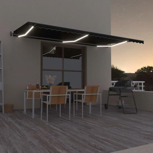 Fecpoo Tenda da sole con braccio articolato con sensore di vento e LED da 12 V, tessuto in poliestere con rivestimento in PU, antracite, 600 x 350 cm, per esterni