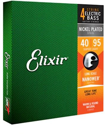 Elixir® Saiten Nickel-Wound 4-str. E-Basssaiten mit NANOWEB® Beschichtung, Long Scale, Super Light (.040-.095)