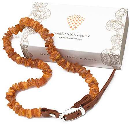 Amber Neck – Bernsteinhalsband für Hunde & andere Haustiere – Handgemacht aus echtem baltischen Bernstein – Echtes Leder – Verstellbar – Geschenkverpackung – Größen 25-30 cm