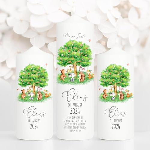 Bougie Baptême personnalisée Fille Garçon motif Arbre et Animaux de la forêt – Cierge Baptême avec prénom, date et message – 1 cierge + 2 bougies parrain/marraine – Cadeau parrain marraine 25 x 7 cm