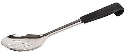 Vogue Professional Black-Handled Large Slotted Serving Spoon | 340mm | Stainless Steel | Perforated | Dishwasher Safe | CS911