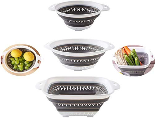 D L D Collapsible Colander - BPA Free Silicone Food Strainer with Plastic Handles - Heavy Duty Foldable Heat Resistant Pasta and Veggies Kitchen Drainer Steam Basket - Dishwasher Safe - 3pcs (Gray)