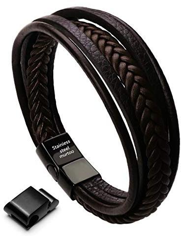 murtoo Bracelet Homme Cuir Véritable Bracelet et Acier Inoxydable Cuir pour Les Hommes(Marron avec Joint magnetique,23.5)