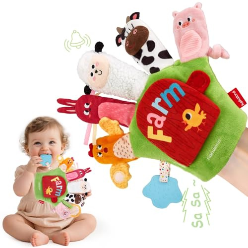hahaland Baby Sensorik Spielzeug ab 6 12 Monaten - Bauernhof Handpuppen Fingerpuppen mit Beißring & Spiegel für Kinder, Jungen Mädchen, Tummy Time Toy, Baby Geschenk Geburt & Neugeborenen Geschenk