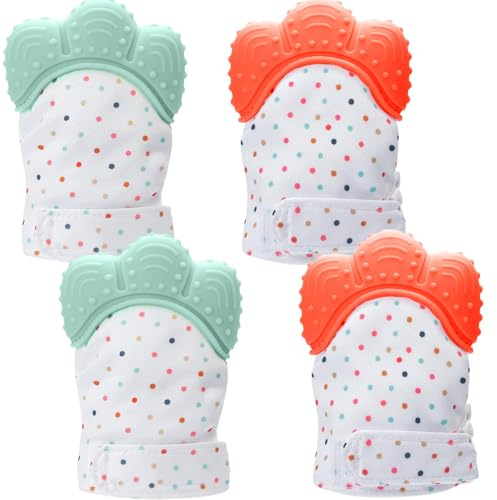 2 Pairs Teething Mittens, Adjustable Silicone Baby Teething Mitten, Built-in Phonic Membrane, Sensory Stimulating Glove for 3-6 Months Baby