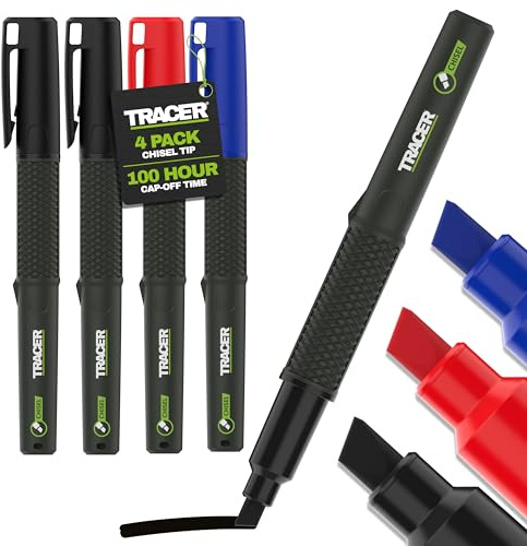 Tracer 2.0 Marqueur Permanent Biseau x4 Noir Bleu Rouge | 4 marqueurs permanents à pointe biseautée, séchage rapide, jusqu’à 100 h sans capuchon.