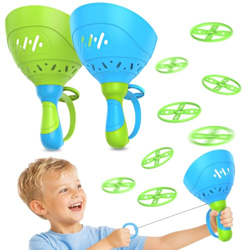 Kssvzz Outdoor Toys for Kids, Outside Garden Toys - Flying Disc Launcher | Outdoor Garden Games, 2PCS Manual Capture Catch Saucer Toy with 12 Discs, Fun Birthday Christmas Gifts for Boys Girls