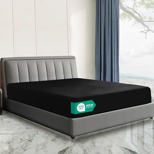 Linen World Hotel Quality Double Fitted Sheet (137×190cm) Black – 40cm Extra Deep Pocket Brushed Microfiber Bottom Sheet, OEKO-TEX Certified, Soft & Breathable Easy Care Bed Sheet