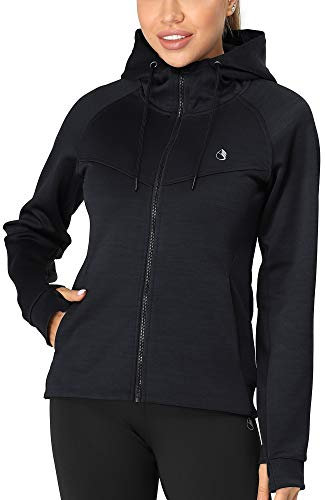 icyzone Damen Sportjacke Laufjacke voll Zip Trainingsjacke mit Kapuze, Fitness Hoodie Langarm Shirt im Winter (L, Dunkel Blau)