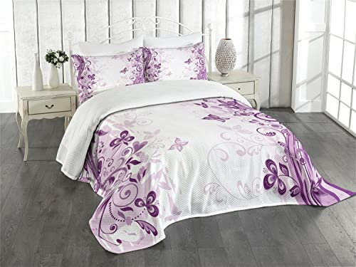 ABAKUHAUS Schmetterling Tagesdecke Set, Wirbelnde Blumen Wilde, Set mit Kissenbezügen Maschienenwaschbar, für Doppelbetten 264 x 220 cm, Lila Weiß