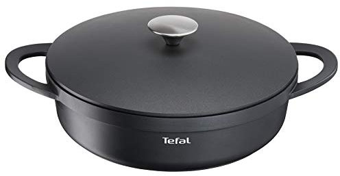 TEFAL Trattoria Schmorpfanne 28 cm hoher Rand, Servierpfanne Induktion aus Aluguss mit Gussdeckel, Antihaft-Beschichtung, gute Wärmespeicherung, backofengeeignet, für alle Herdarten geeignet, E21872