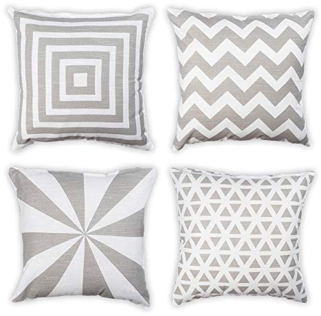 Penguin Home Set of 4 100% Slub Cotton Fabric Cushion Covers 45cm x 45cm Double Sided Square Pillow Covers with Invisible Zipper Pillow Cases for Living Room, Bedroom, Sofa (White/Grey Mix)