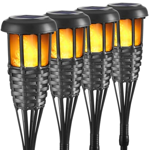 Solar Torch Light with Flickering Flame, 4 Pack Waterproof Bamboo Torches Hand-Woven Rattan Solar Tiki Torches for Outside Patio Yard Garden Lawn (Black-4 Pack)