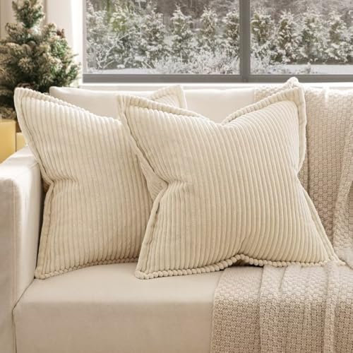 EMEMA Kordsamt Kissenbezug Weiche Kissenhülle Dekorative Sofakissen 40x40 cm 2er Set Dekokissen Moderne Zierkissenbezug Gestreifte Kissenbezüge für Wohnzimmer Schlafzimmer Creme