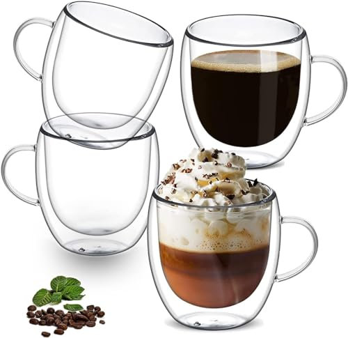 Hcojoul Clear Coffee Mugs Set of 4, Double Walled Glass Coffee Mugs, 250ML/8Oz Glass Tea Cups with Handles, Insulated Coffee Mug for Latte, Espresso, Cappuccinos, Blacktea, Hot/Cold Drink