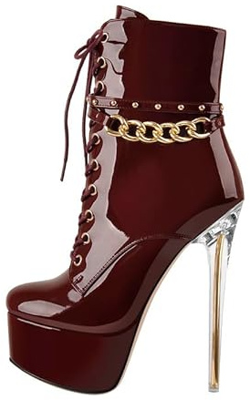 blingqueen Plateau Stiefeletten Damen Stiletto Ankle Boots Punk Kurzstiefel Lack Burgundy 45 EU