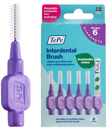 TePe Interdental Brush Original, Soft Dental Brush for Teeth Cleaning, Pack of 6, 1.1 mm, Large Gaps, Purple, Size 6