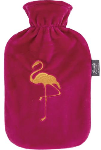 Fashy Wärmflasche 2,0 L mit Flauschbezug mit Stickerei Flamingo, pink