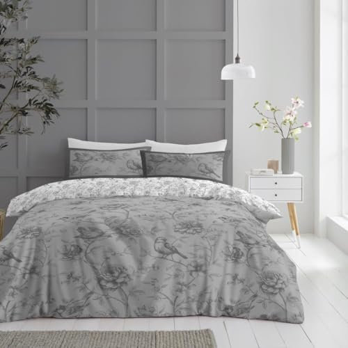 Lions Double Duvet Cover Set with Fitted Sheet and Pillowcase - 4 Piece Complete Bedding Sets Reversible Grey Floral Rose Printed Poly Cotton Quilt Covers Bed, Girls Women