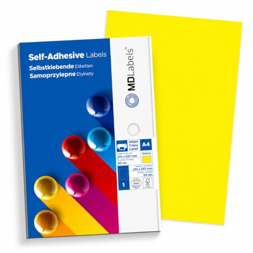 MD Labels Etichette adesive gialle neon DIN A4 (210 x 297 mm), 50 fogli, carta adesiva per stampa, adesivo permanente – per stampanti laser e inkjet