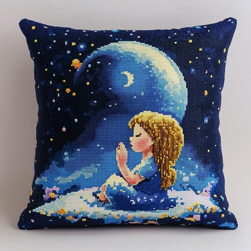 XDEGHUANGSS Kit completo di chiusura a gancio per cuscini, kit di gancio per principianti adulti o bambini, artigianato creativo, 43 x 43 cm, la ragazza sotto la luna