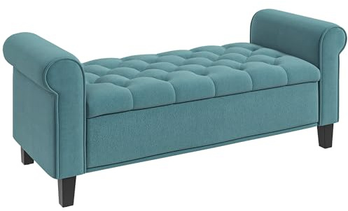 HOMCOM Banc de Rangement Bout de lit avec accoudoirs, Coffre de Rangement en Tissu Velours rembourré et capitonné, Charge jusqu'à 220 kg, pour Salon, Chambre, entrée, 126 x 48,5 x 57 cm, Vert